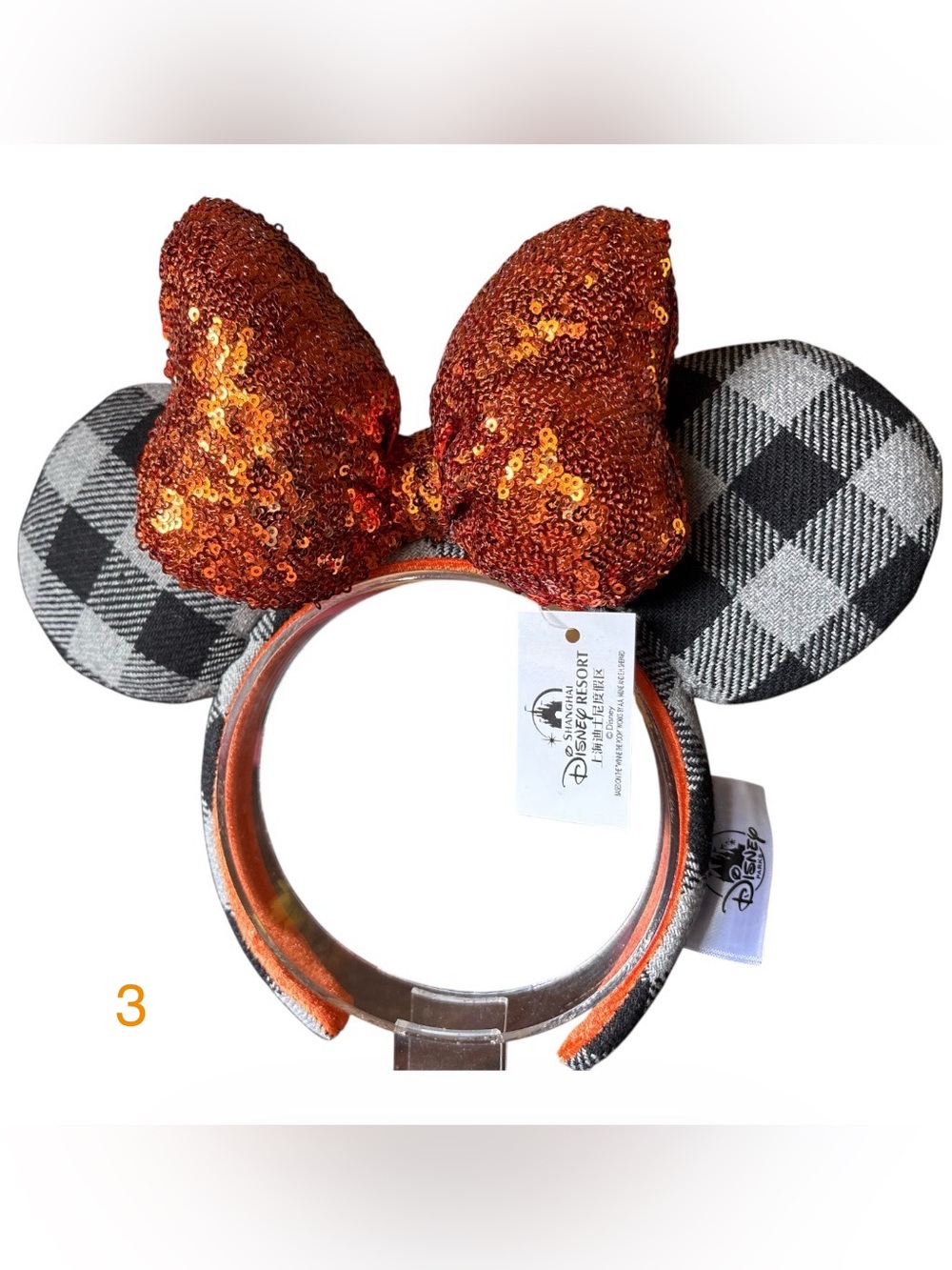 Disney Minnie Mouse Ears Orange Bow Sequin Halloween Plaid Headband NEW! 3